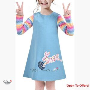 Long Sleeve Cotton T-Shirt Dress with Colorful Stripes and Applique